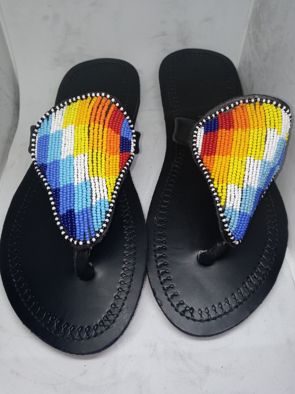 Black Beaded T-Strap Sandals with Multicolor Beadwork